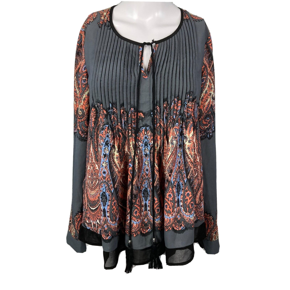 Meadow Rue Shirt‎ Womens Sz XS Gray Orange Paisley Pleated Chiffon V Neck Boho